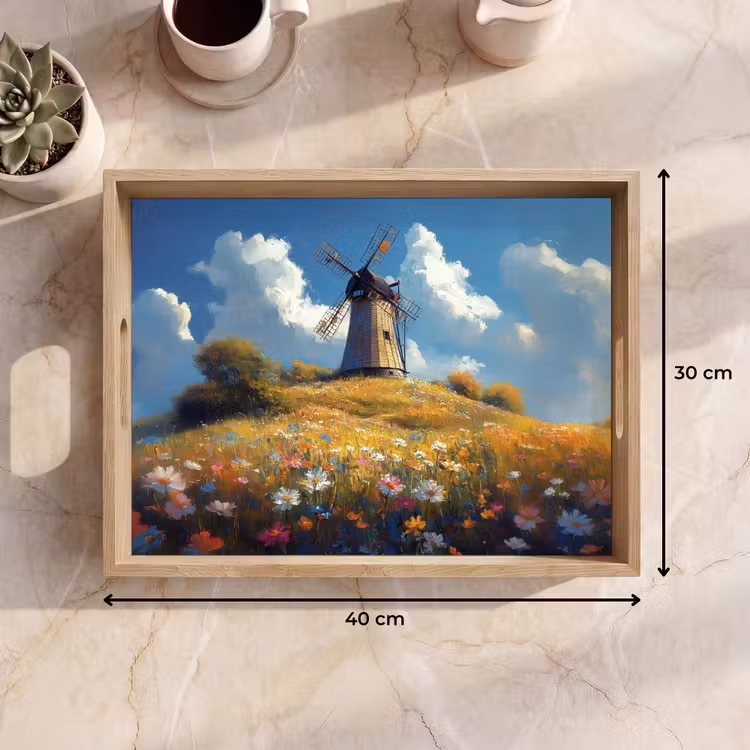 Windmolen - Heuvel - Bloemen - Kleurrijk Dienblad Rechthoek middel -USP_Formaat