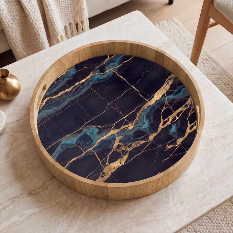 Abstract - Gouden lijnen - Kunst - Modern - Zwart Dienblad Rond middel -sfeer1