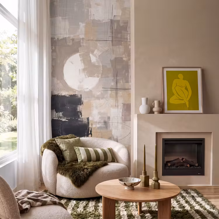 Abstract - Cirkel - Modern - Beige - Zwart - Minimalistisch Behang Vlies klein -sfeer2