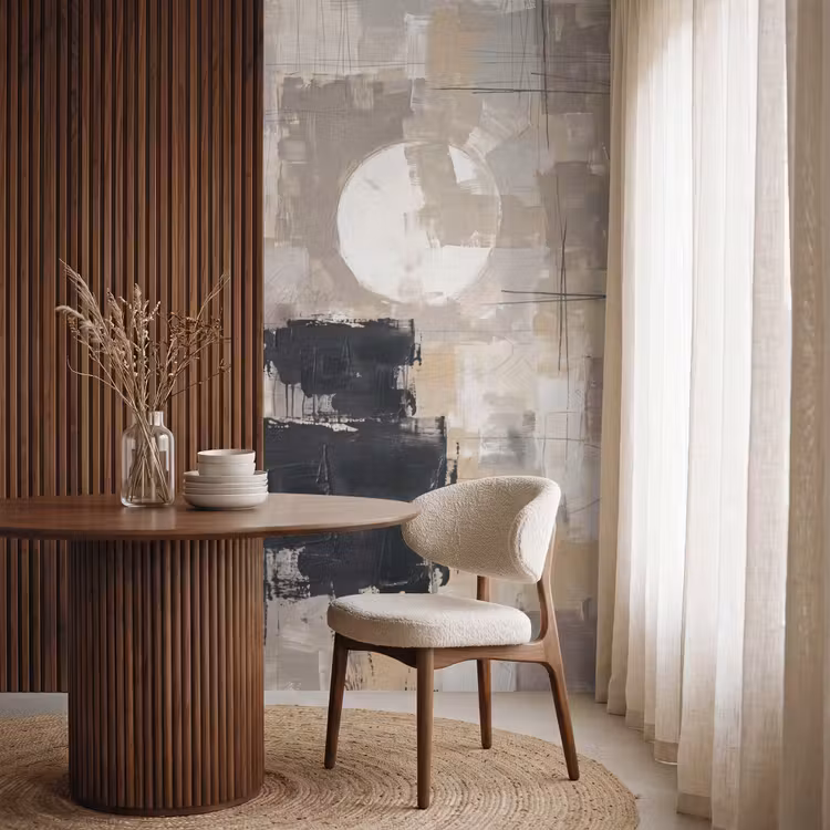 Abstract - Cirkel - Modern - Beige - Zwart - Minimalistisch Behang Vlies klein -sfeer1