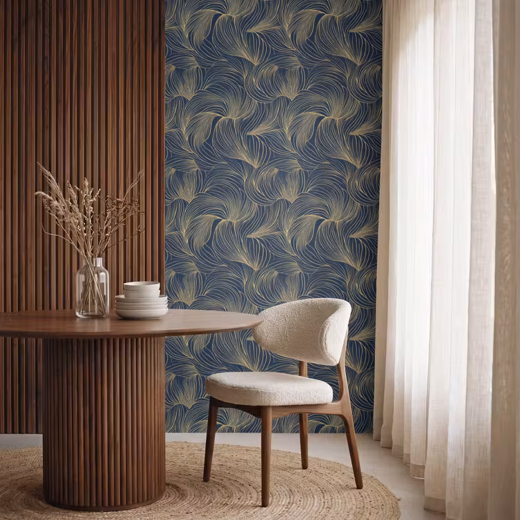 Abstract - Lijnen - Blauw - Goud Behang Vlies klein 1076 -sfeer1
