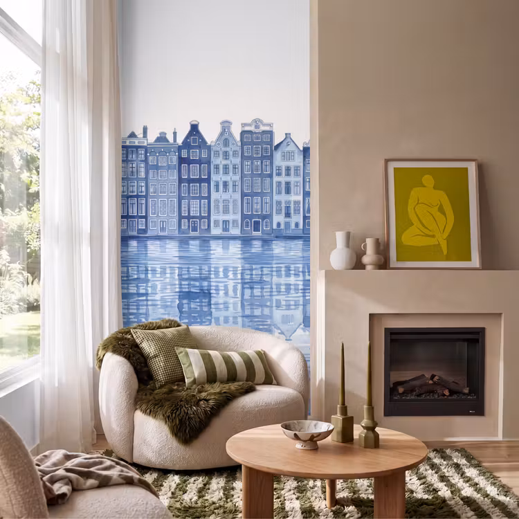Aquarel - Grachtenpanden - Delfts - Blauw Behang Vlies klein -sfeer2