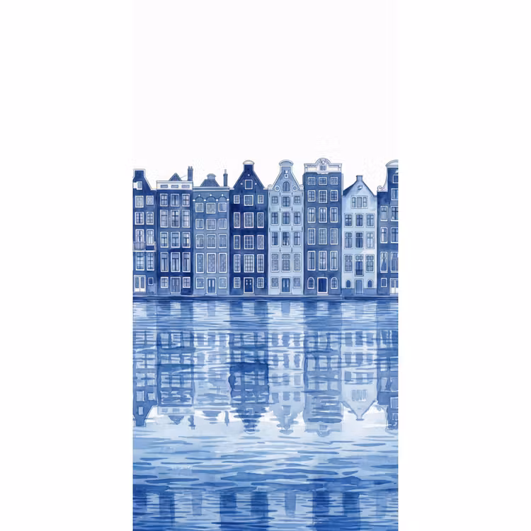 Aquarel - Grachtenpanden - Delfts - Blauw Behang Vlies klein -3d_website