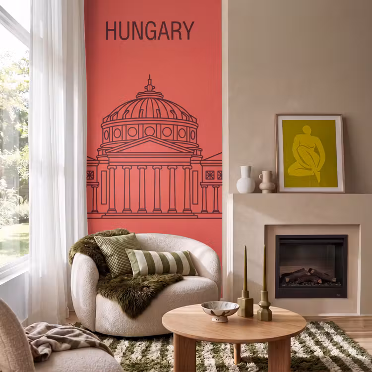 Architectuur - Boekarest - Stedelijk - Lijntekening - Rood Behang Vlies klein -sfeer2