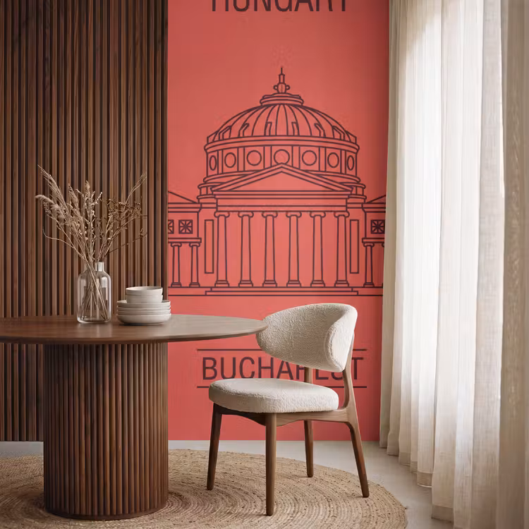 Architectuur - Boekarest - Stedelijk - Lijntekening - Rood Behang Vlies klein -sfeer1