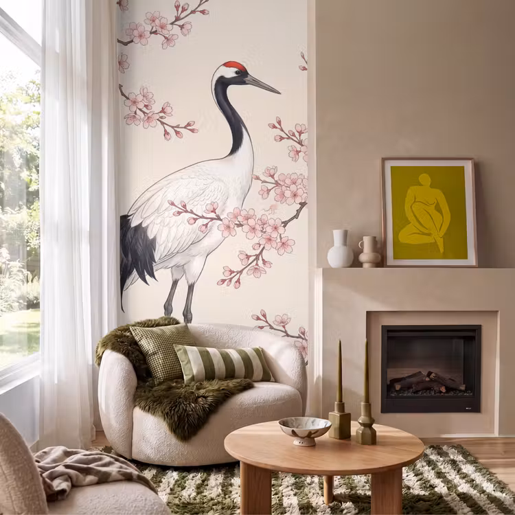 Aziatisch - Kraanvogel - Beige Behang Vlies klein -sfeer2
