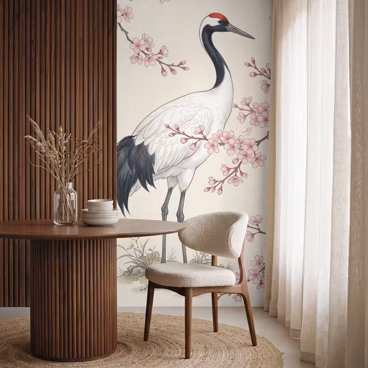 Aziatisch - Kraanvogel - Beige Behang Vlies klein -sfeer1