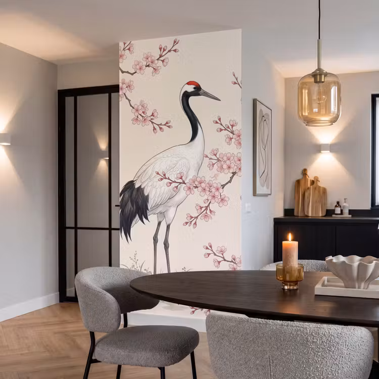 Aziatisch - Kraanvogel - Beige Behang Vlies klein -sfeer3