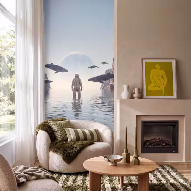 Tapete - Astronaut – Wal – Fantasie - Ruimtevaarder - Walvis - Fantasie Behang Vlies klein