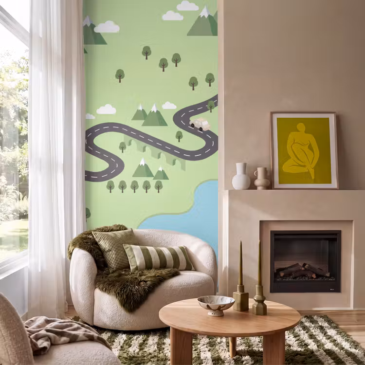 Auto - Bergweg - Natuur - Illustratie Behang Vlies klein -sfeer2