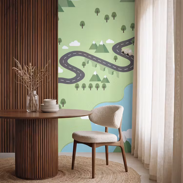 Auto - Bergweg - Natuur - Illustratie Behang Vlies klein -sfeer1