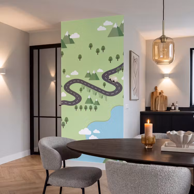 Auto - Bergweg - Natuur - Illustratie Behang Vlies klein -sfeer3