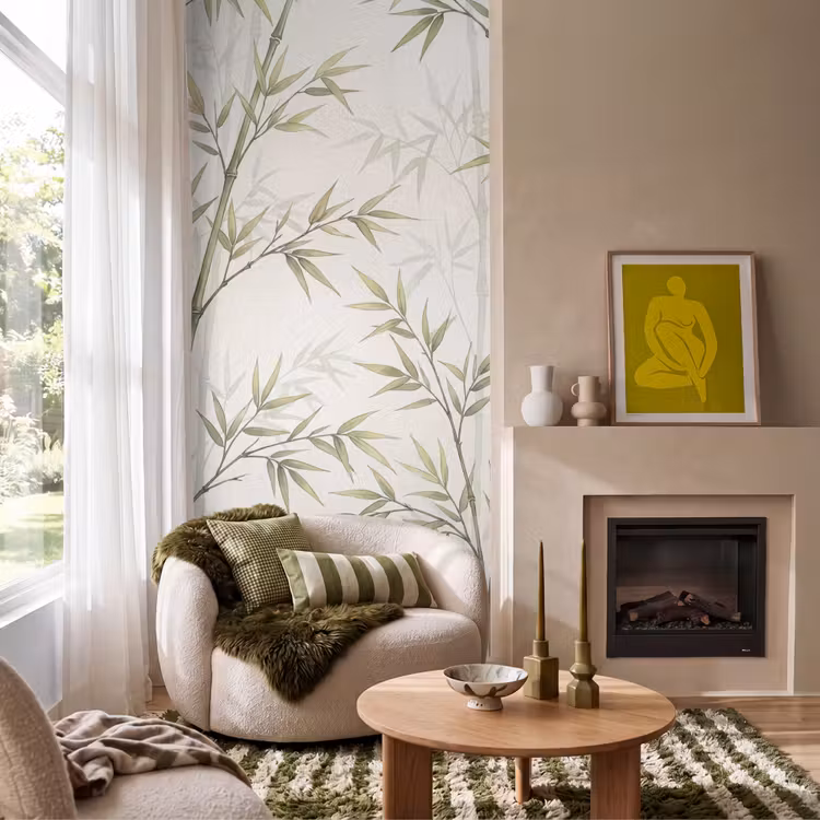 Bamboe - Bladeren - Natuur - Aquarel - Groen Behang Vlies klein -sfeer2
