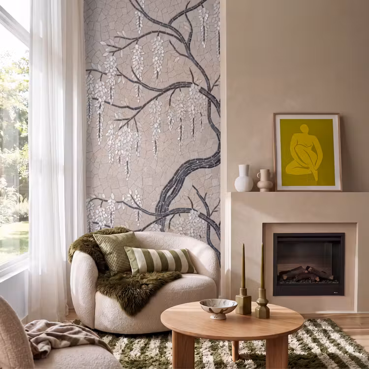 Boom - Bloemen - Mozaïek - Kunst - Wit Behang Vlies klein -sfeer2
