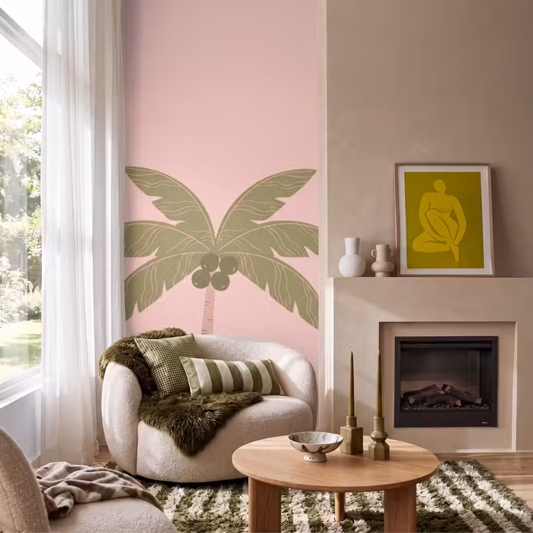 Boom - Palm - Natuur - Illustratie - Roze Behang Vlies klein -sfeer2