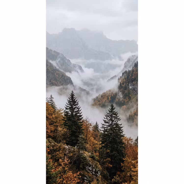 Bergen - Vallei - Mist - Herfst - Natuur Behang Vlies klein -3d_website