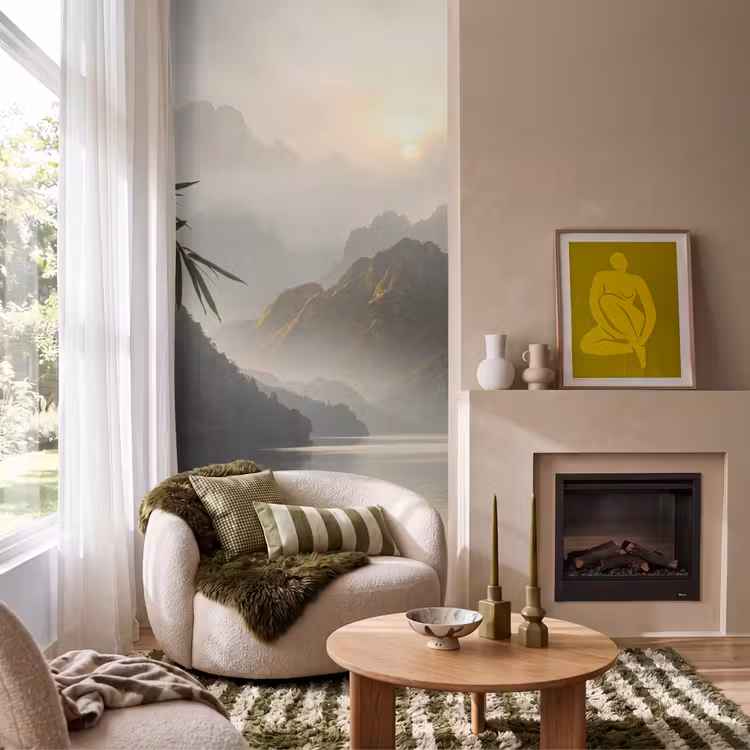 Bergen - Water - Mist - Natuur - Landschap Behang Vlies klein -sfeer2