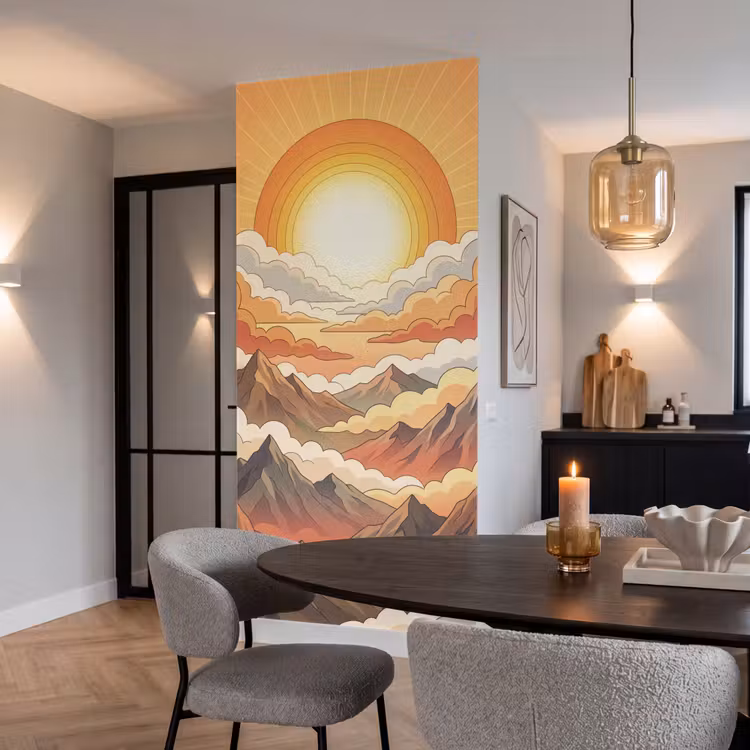 Bergen - Wolken - Natuur - Zonsopgang - Oranje Behang Vlies klein -sfeer3
