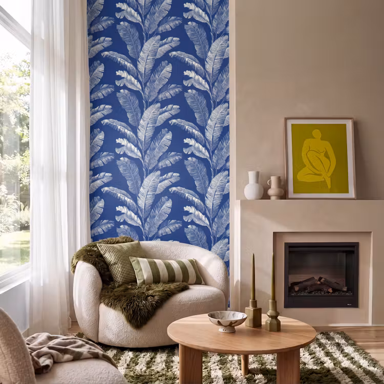 Blad - Palm - Blauw Behang Vlies klein 1076 -sfeer2
