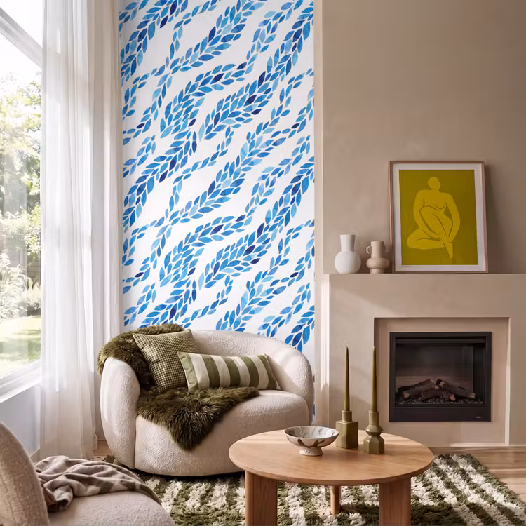 Bladeren - Aquarel - Patroon - Modern - Blauw Behang Vlies klein -sfeer2