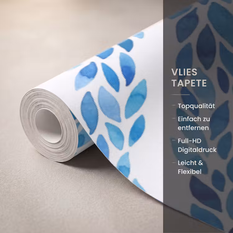 Bladeren - Aquarel - Patroon - Modern - Blauw Behang Vlies klein -USP_closeupDE