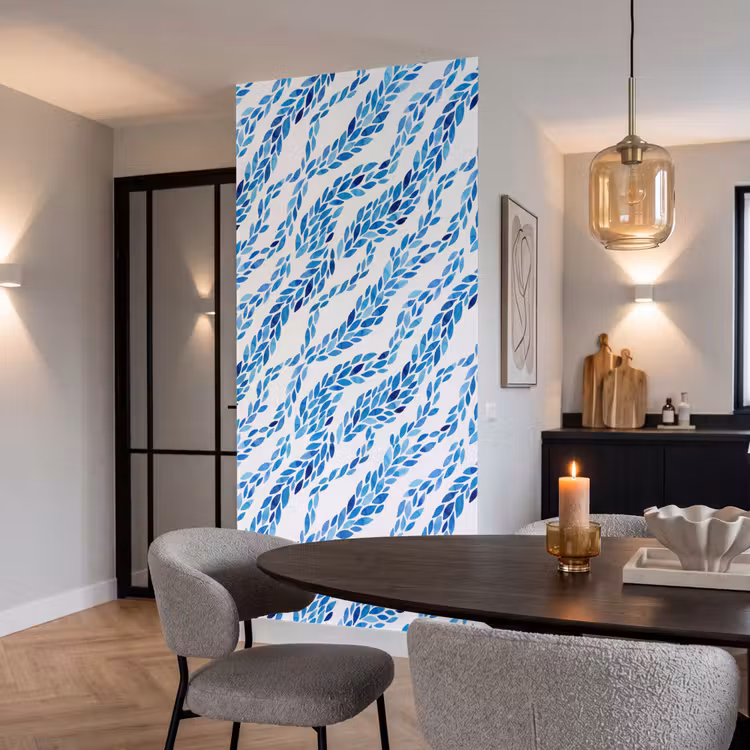 Bladeren - Aquarel - Patroon - Modern - Blauw Behang Vlies klein -sfeer3