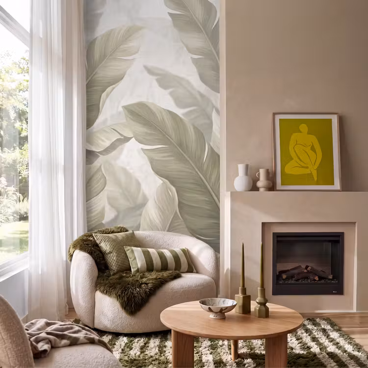 Bladeren - Tropisch - Natuur - Abstract - Beige Behang Vlies klein -sfeer2