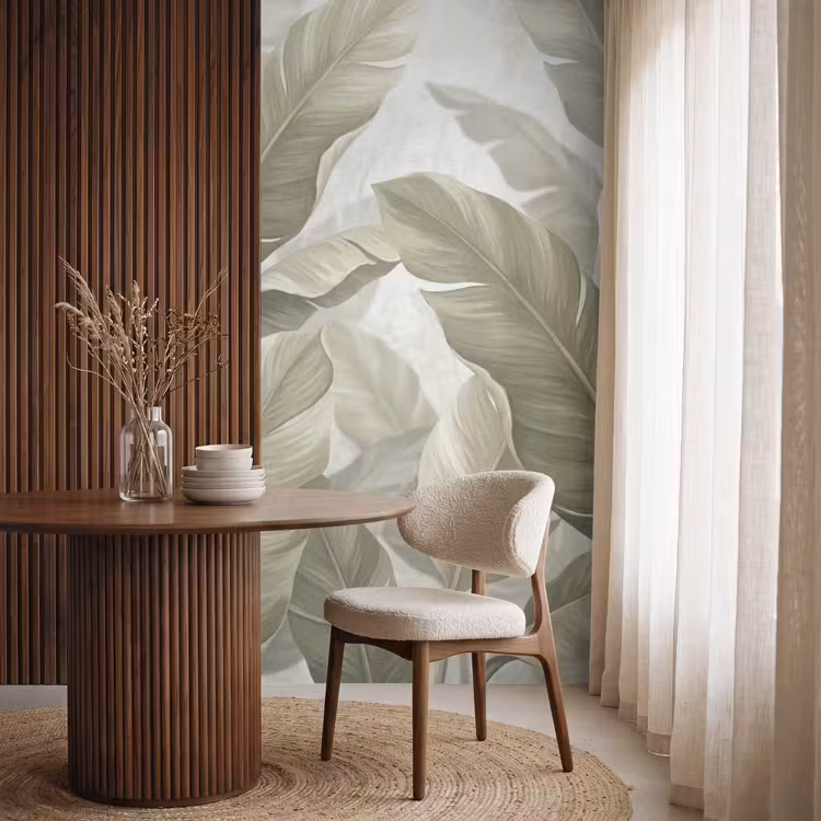 Bladeren - Tropisch - Natuur - Abstract - Beige Behang Vlies klein -sfeer1