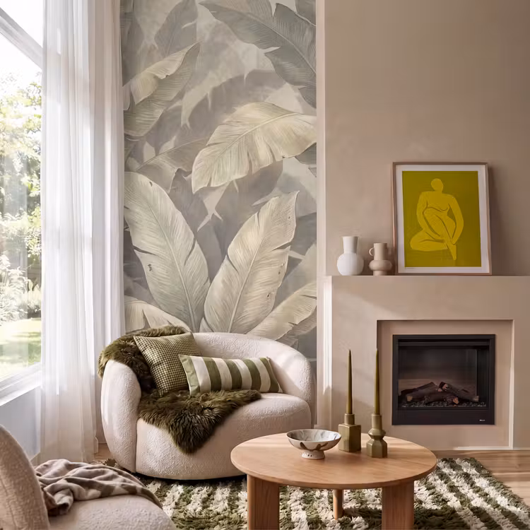 Bladeren - Tropisch - Natuur - Modern - Beige Behang Vlies klein -sfeer2