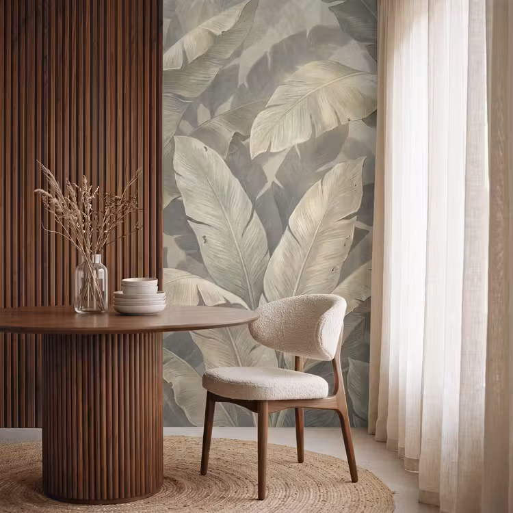 Bladeren - Tropisch - Natuur - Modern - Beige Behang Vlies klein -sfeer1