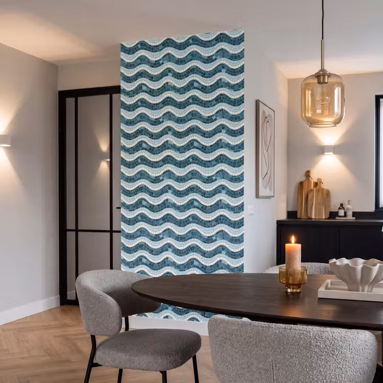 Blauw - Wit - Mozaïek - Golvend Behang Vlies klein 1076 -sfeer3