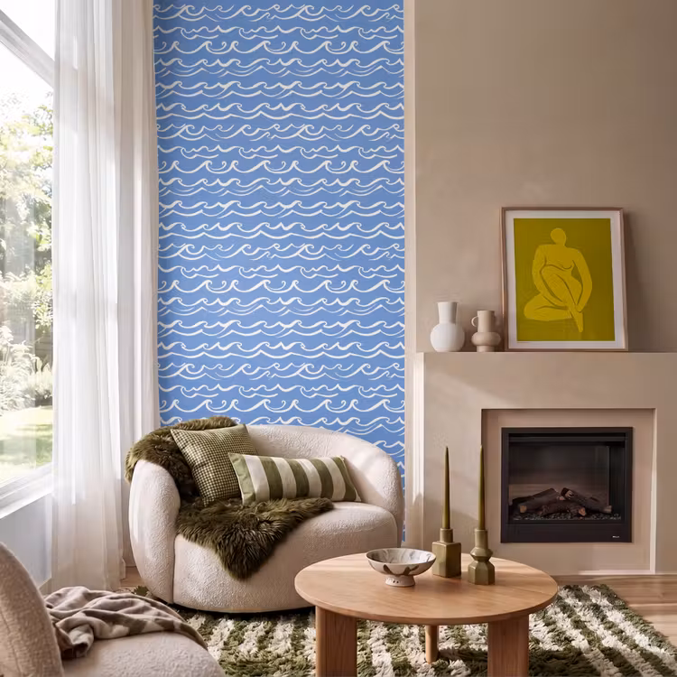 Blauw - Wit - Simpel - Getekend - Golven Behang Vlies klein 1076 -sfeer2