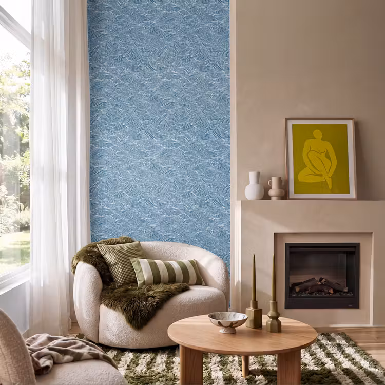 Blauw - Wit - Golven - Getekend - Textuur Behang Vlies klein 1076 -sfeer2