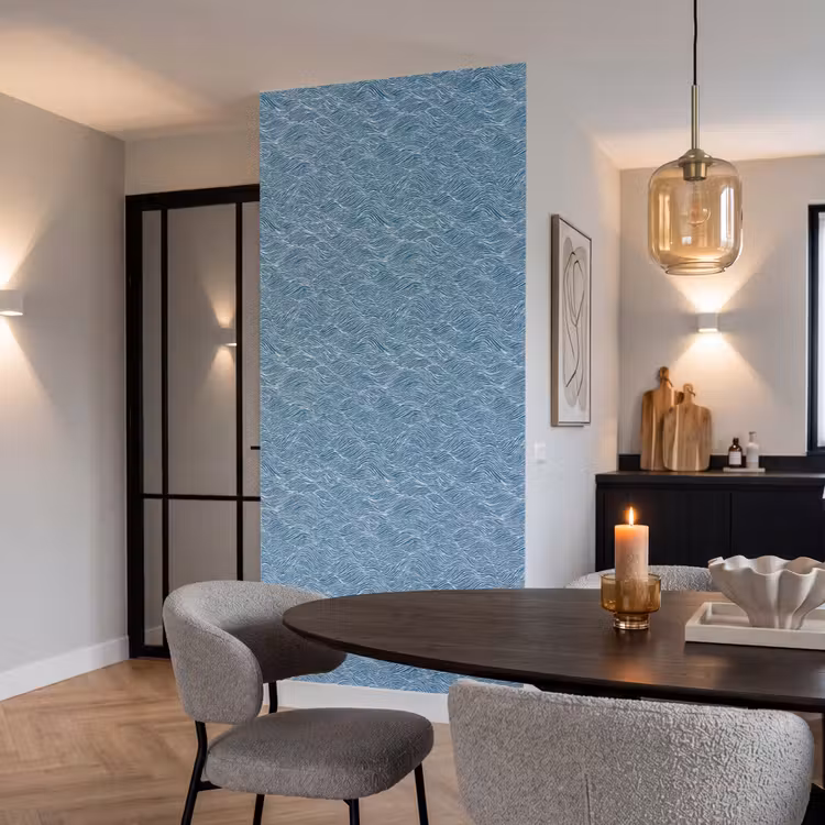 Blauw - Wit - Golven - Getekend - Textuur Behang Vlies klein 1076 -sfeer3