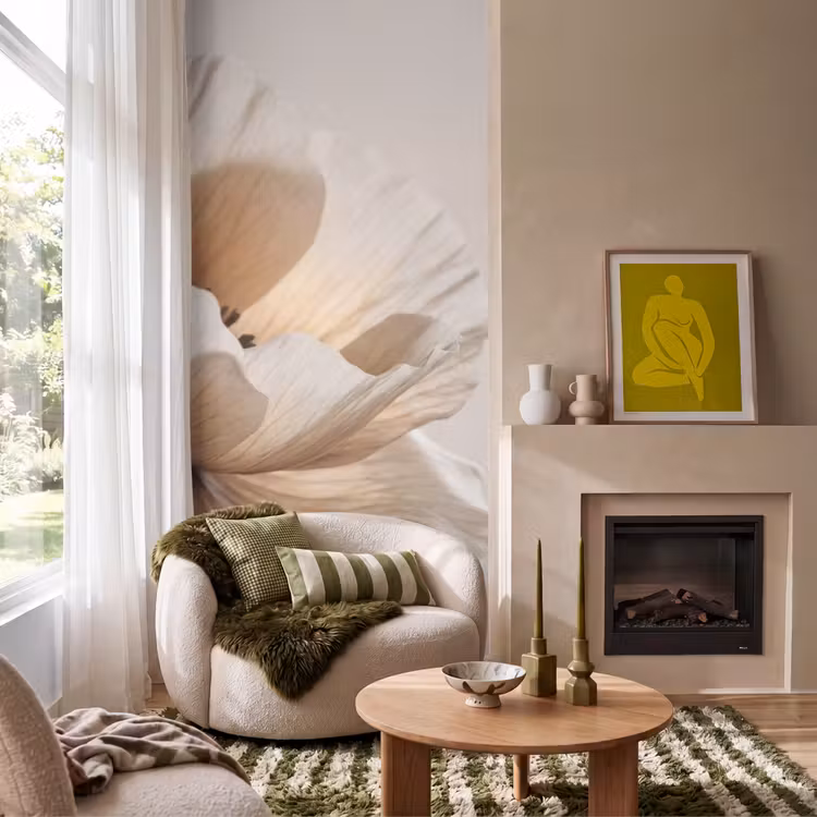 Bloem - Beige - Crème Behang Vlies klein -sfeer2