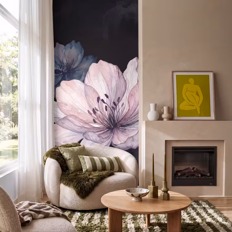 Bloemen - Aquarel - Modern - Roze - Donker Behang Vlies klein -sfeer2