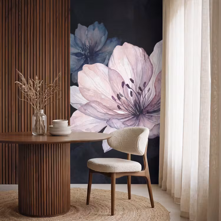 Bloemen - Aquarel - Modern - Roze - Donker Behang Vlies klein -sfeer1