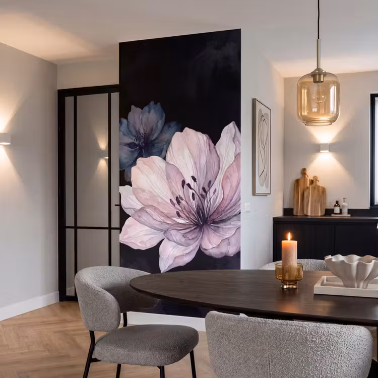 Bloemen - Aquarel - Modern - Roze - Donker Behang Vlies klein -sfeer3