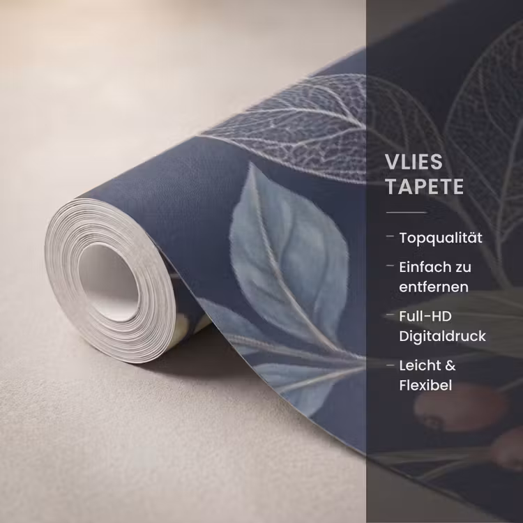 Bloemen - Bladeren - Patroon - Botanisch - Donkerblauw Behang Vlies klein -USP_closeupDE