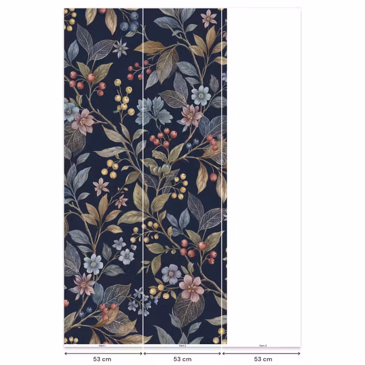 Bloemen - Bladeren - Patroon - Botanisch - Donkerblauw Behang Vlies klein -USP_banen