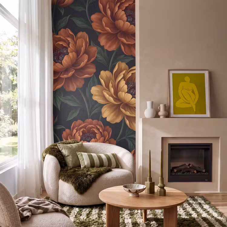 Bloemen - Bladeren - Natuur - Modern - Oranje Behang Vlies klein -sfeer2