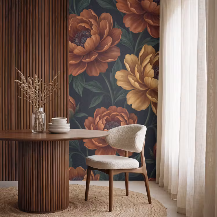 Bloemen - Bladeren - Natuur - Modern - Oranje Behang Vlies klein -sfeer1