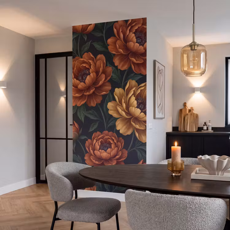 Bloemen - Bladeren - Natuur - Modern - Oranje Behang Vlies klein -sfeer3