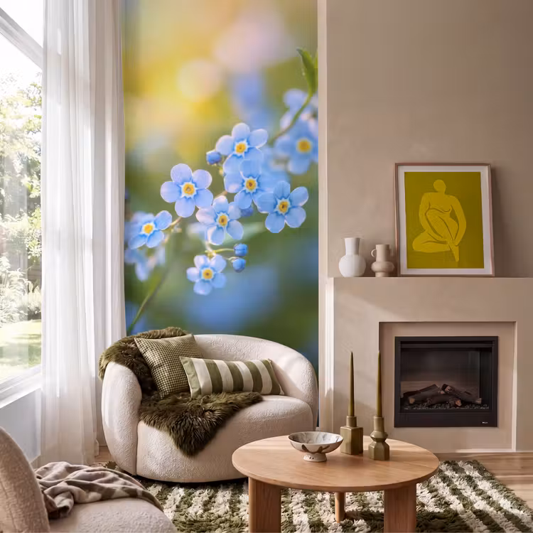 Bloemetjes - Blauw - Vergeet mij nietjes Behang Vlies klein -sfeer2