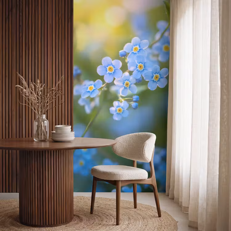 Bloemetjes - Blauw - Vergeet mij nietjes Behang Vlies klein -sfeer1