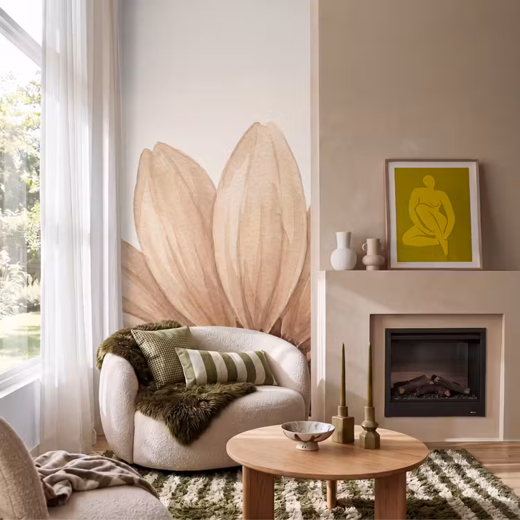 Bloemen - Bloemblad - Natuur - Aquarel - Beige Behang Vlies klein -sfeer2