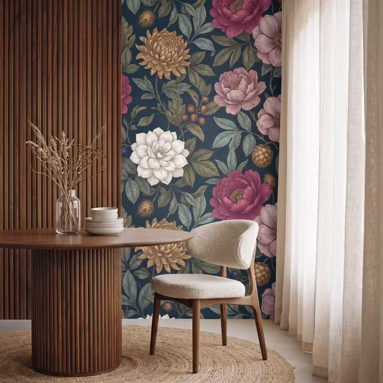 Bloemen - Botanisch - Illustratie - Donker - Vintage Behang Vlies klein -sfeer1