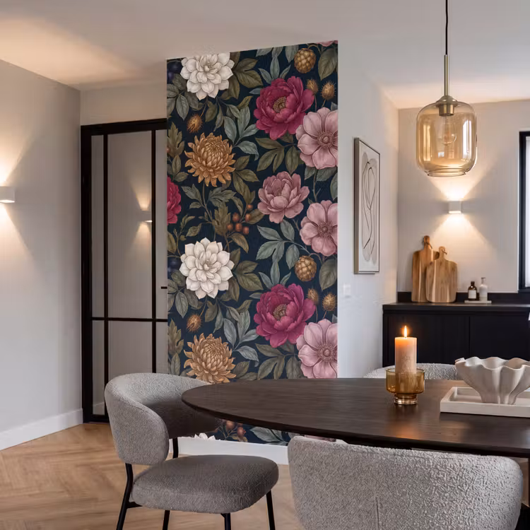 Bloemen - Botanisch - Illustratie - Donker - Vintage Behang Vlies klein -sfeer3