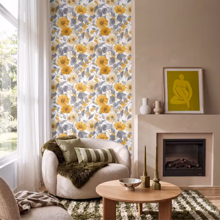 Bloemen - Botanisch - Elegant - Okergeel - Grijs Behang Vlies klein 1076 -sfeer2