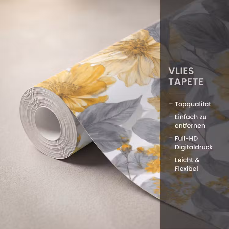 Bloemen - Botanisch - Elegant - Okergeel - Grijs Behang Vlies klein 1076 -USP_closeupDE
